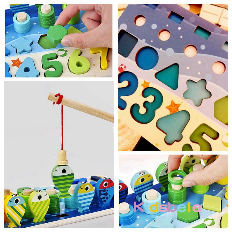 Juguetes de matemáticas Montessori para niños pequeños, rompecabezas de madera educativo, juguetes de pesca, conteo de números, forma, clasificador a juego, juegos de mesa