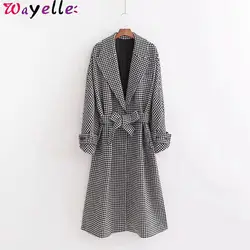 Houndstooth Элегантное длинное пальто для женщин Корейское пальто для женщин зимнее высокое качество теплое с галстуком-бабочкой пальто с