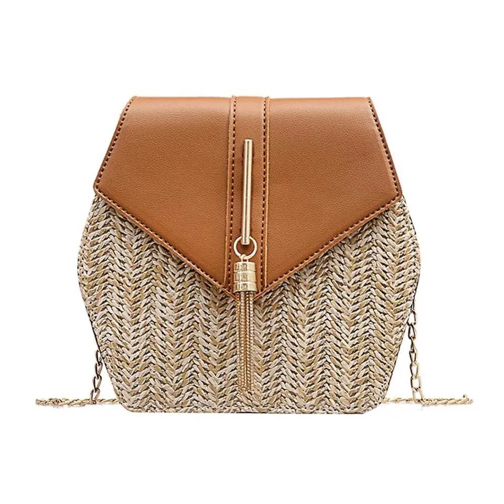 

Sommer Strand Taschen Vintage HandgemachteWomen Hexagon Shape Tassel Straw Woven Summer Beach Chain Crossbody Shoulder Bag