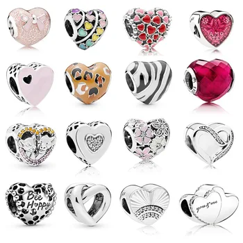 

100% S925 Sterling Silver Bead Heart Love Bow Colorful Enamel Rainbow Pendant Beads Fit Pandora Charms Bracelet Silver Jewelry