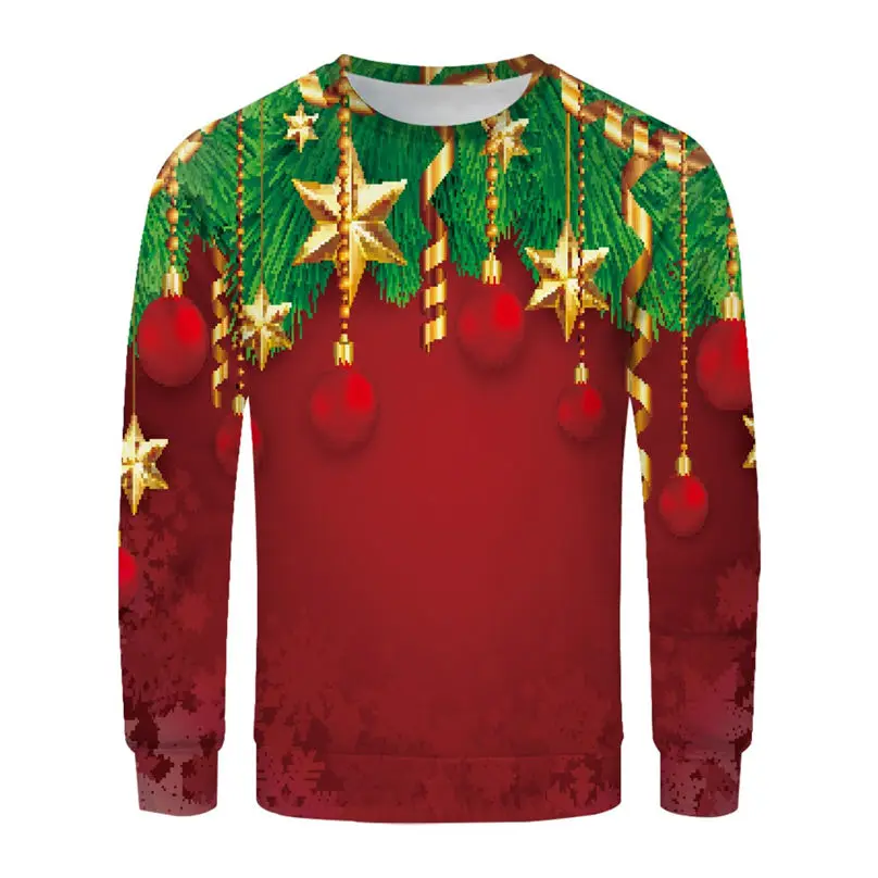 Christmas Couple's 3-D Printed Men and Women Tops Cotton Long-sleeved T Shirt Round Collar Christmas Blouse Casual Tee 4S13 (15)