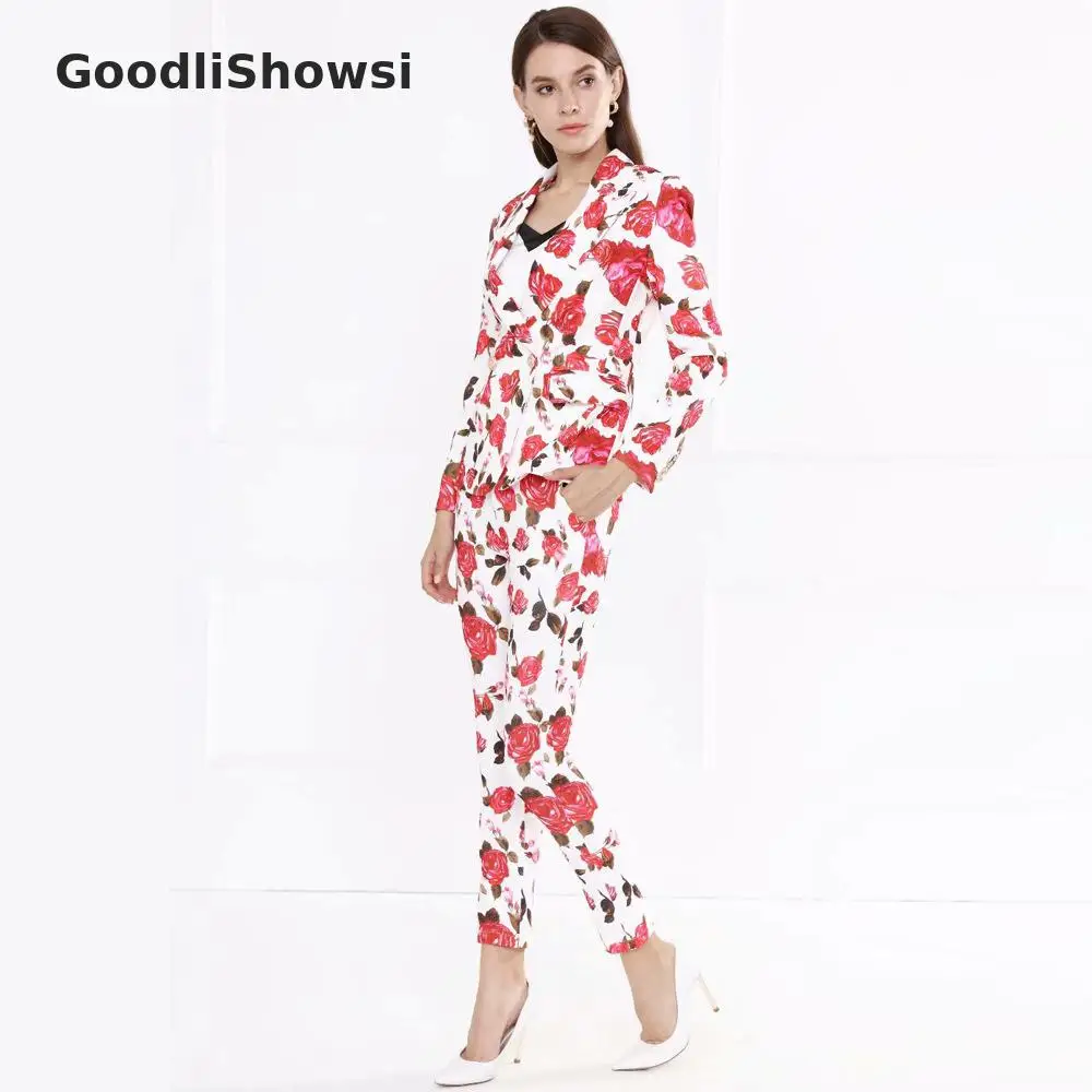GoodliShowsi, шикарные комплекты из 2 предметов, женские костюмы с принтом розы, костюм на одной пуговице, топы+ леггинсы, узкие брюки, стильные штаны, костюмы