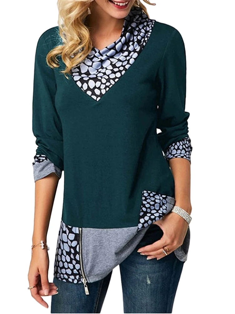 Wipalo туника с длинным рукавом, плюс сайз, большой размер, блузка с воротником-хомут, футболка - Цвет: Green