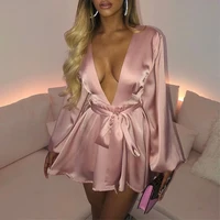 Pink Satin Summer Dress WoLong Lantern Sleeve Mini Bodycon Dress Backless Night Club Sexy Dresses