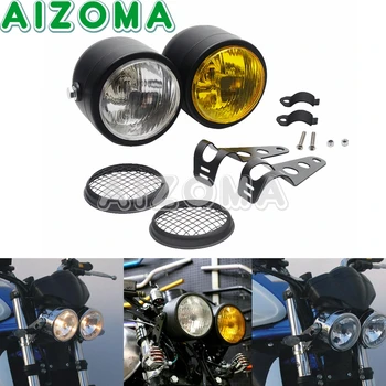 

For Harley Dirt Bikes Cafe Racer Honda Yamaha Custom Bobber Motorcycle Headlight W/Blacket Mesh Grill Dual Headlamp Front Light