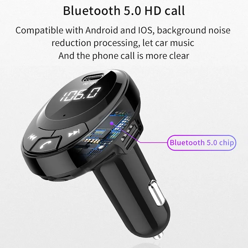 Автомобильный fm-передатчик, Bluetooth, беспроводной MP3-плеер, светодиодный, PD, 18 Вт, быстрая зарядка, двойной USB порт, радио, AUX, модулятор, TF, U диск