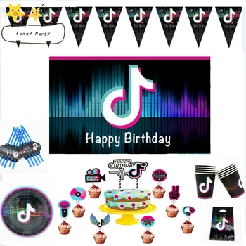 

Tik Voice Note Theme Disposable Party Paper Cup Plate Tableware Decoration Latex Balloon Tok Cake Topper Birthday Festival Party