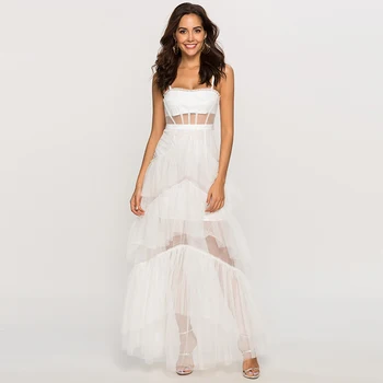 

Women's Spring Summer 2020 New Arrival Dress Elegant White Sexy Hollow Strapless Sling Cake Dress Fashion Party Club Clothing