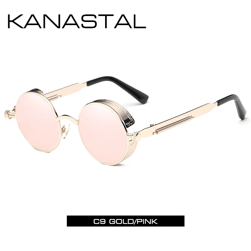 Круглые Солнцезащитные очки в стиле стимпанк, зеркальные Мужские и женские очки в стиле панк, брендовые дизайнерские ретро очки в оправе, винтажные весенние солнечные очки UV400 - Цвет линз: gold pink