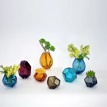 

Europe Colored glass vase Handmade Geometric polyhedral small size hydroponic vases Tabletop crafts home wedding decoration
