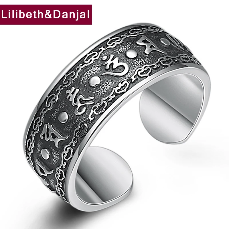 Пара регулируемое кольцо Настоящее серебро 925 пробы для женщин и мужчин мантра Будды модное Открытое кольцо ювелирные изделия для женщин R21