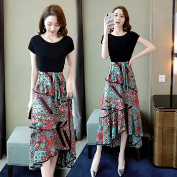 

2020 Women's National style printed dress stitching short sleeve slim slimming fake two summer skirt fairy