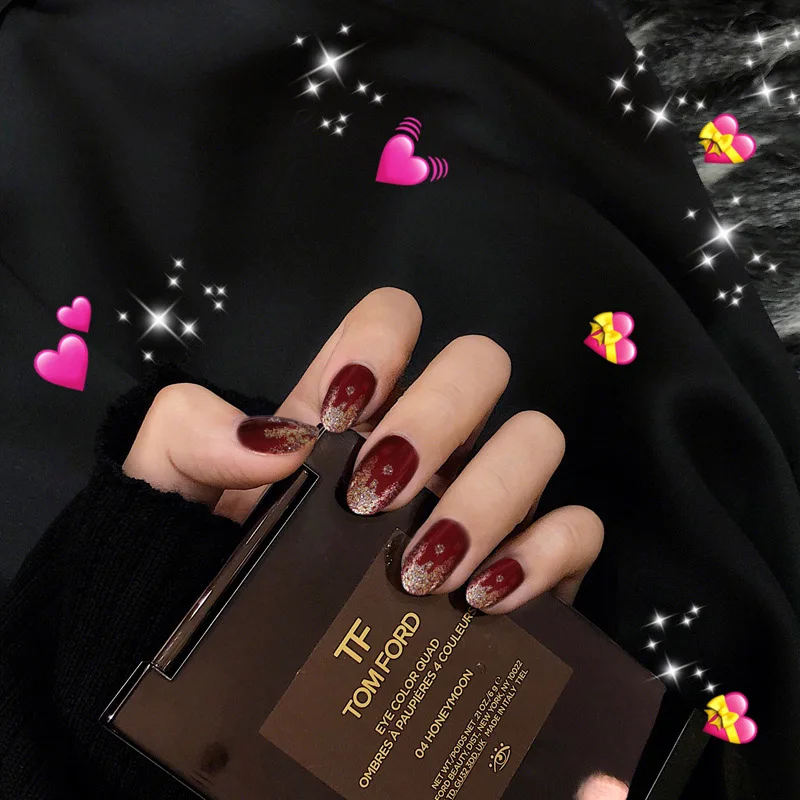 

24pcs faux nails Wine Red Nail Art False Nails with Golden Glitter Round Medium Wedding Artificial Nails DIY Tools with Glue