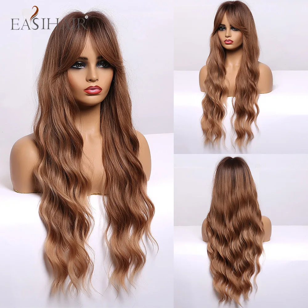 EASIHAIR Long Body Wave Light Chocolate Brown Ombre Wigs With Bangs Synthetic Women Hair Natural Cosplay for | Шиньоны и парики