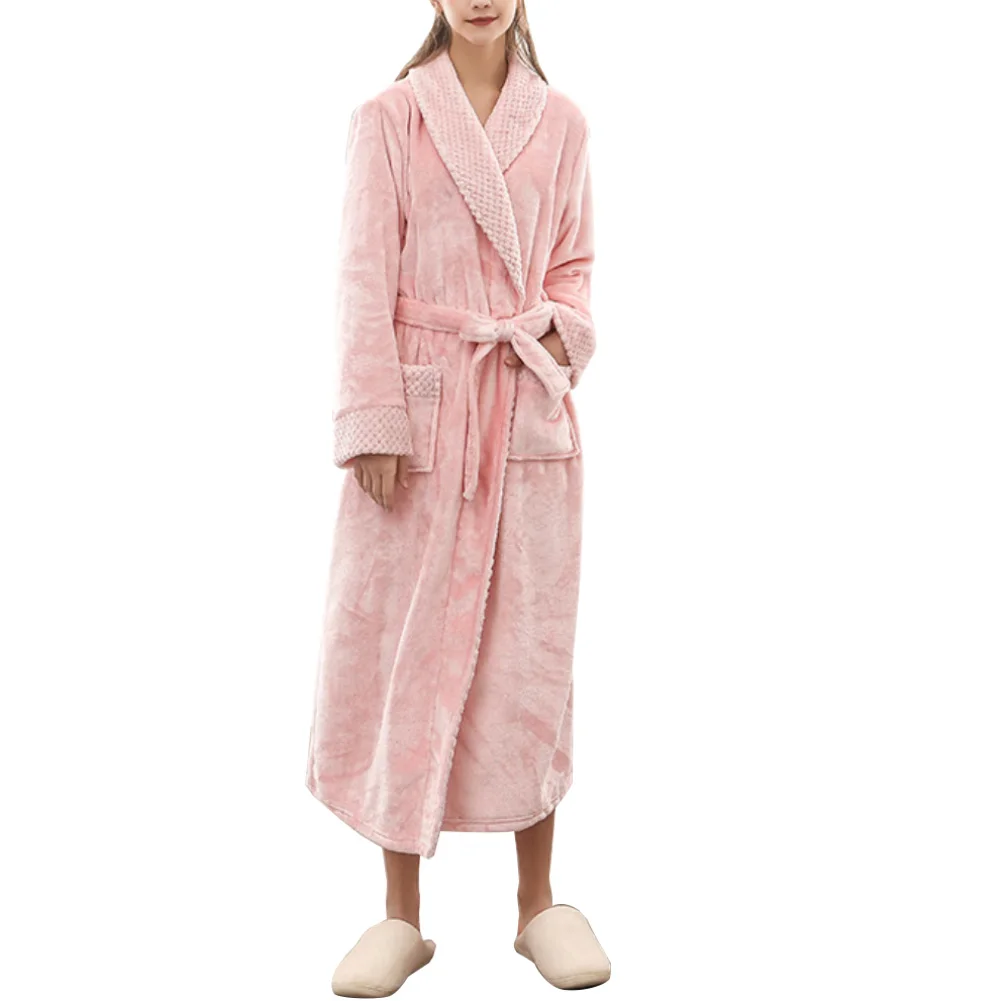 Зимний банный халат для сна, женский и мужской банный халат из кораллового флиса, Одноцветный плотный банный халат длиной до лодыжки, халат, одежда для сна - Цвет: Розовый