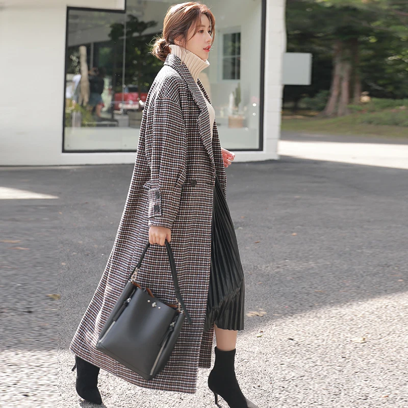 Plaid woolen coat double-breasted long autumn/winter women's jacket houndstooth falling shoulder long retro casual street coat