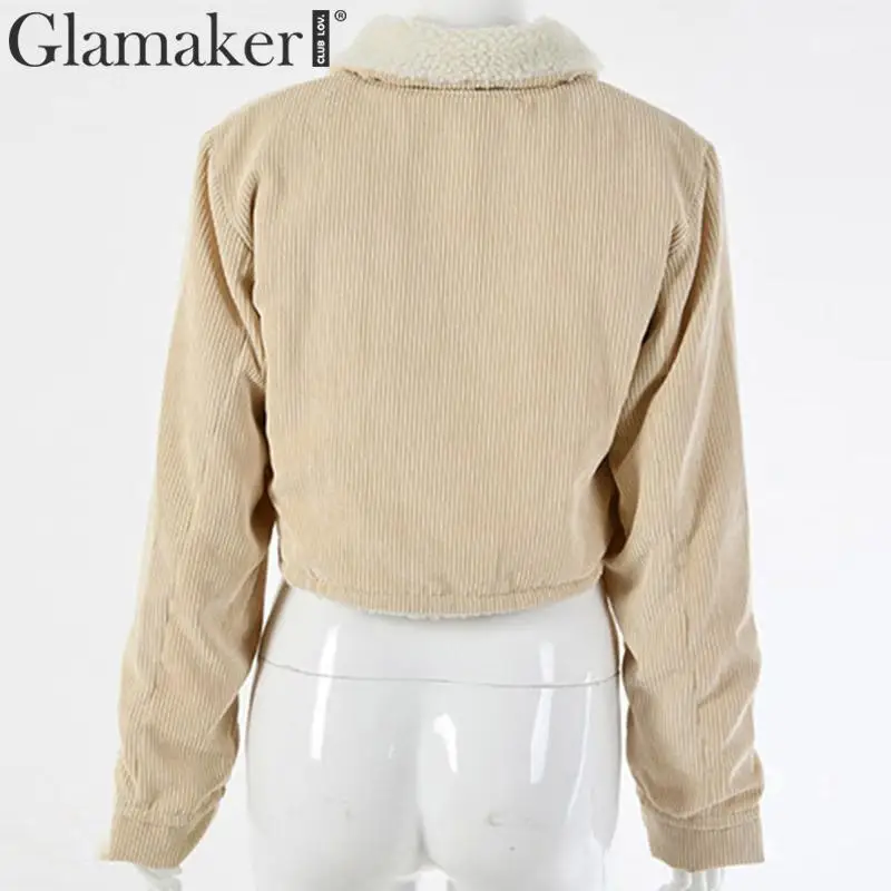 Glamaker вельвет отложной воротник Сексуальная короткая куртка длинный рукав карманы теплая Женская куртка осенне-зимняя уличная мода Женская куртка