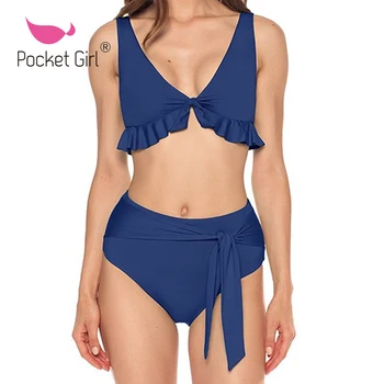 

Pocket Girl 2020 Women Bikini Set High Waist Swimsuit Swimwear Bandage Bikini Sexy Push Up Vintage Bathing Suit Ruffle Beachwear