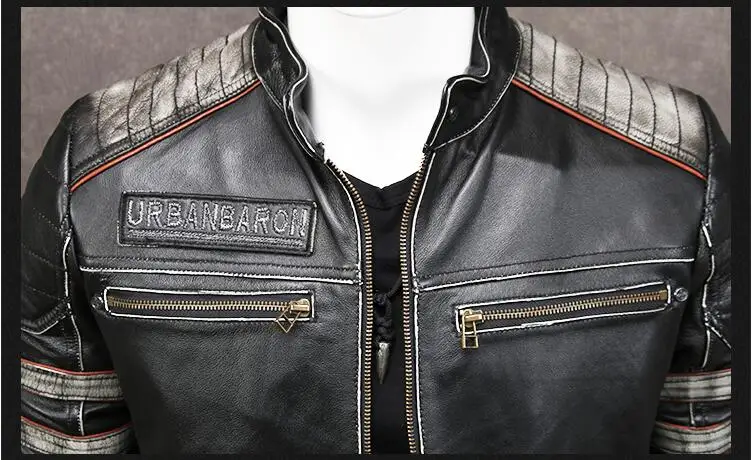 Vintage Black Men Skulls Embroidery Biker's Leather Jacket Plus Size XXXXL Genuine Cowhide Spring Slim Fit Leather Coat