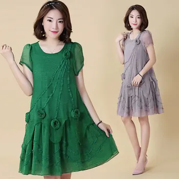 

Dress 2020 summer new version of the round neck loose a word three-dimensional five flower zou fat mm big yards short sleeve