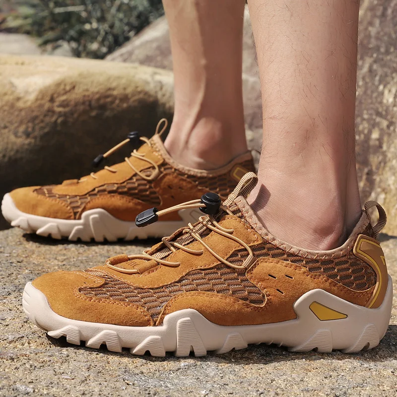 Summer Air Mesh Slipon Sandals Outdoor Comfort Breathable Trekking Wading Shoes 2021 Fashion Retro Beach Genuine Leather Sandal
