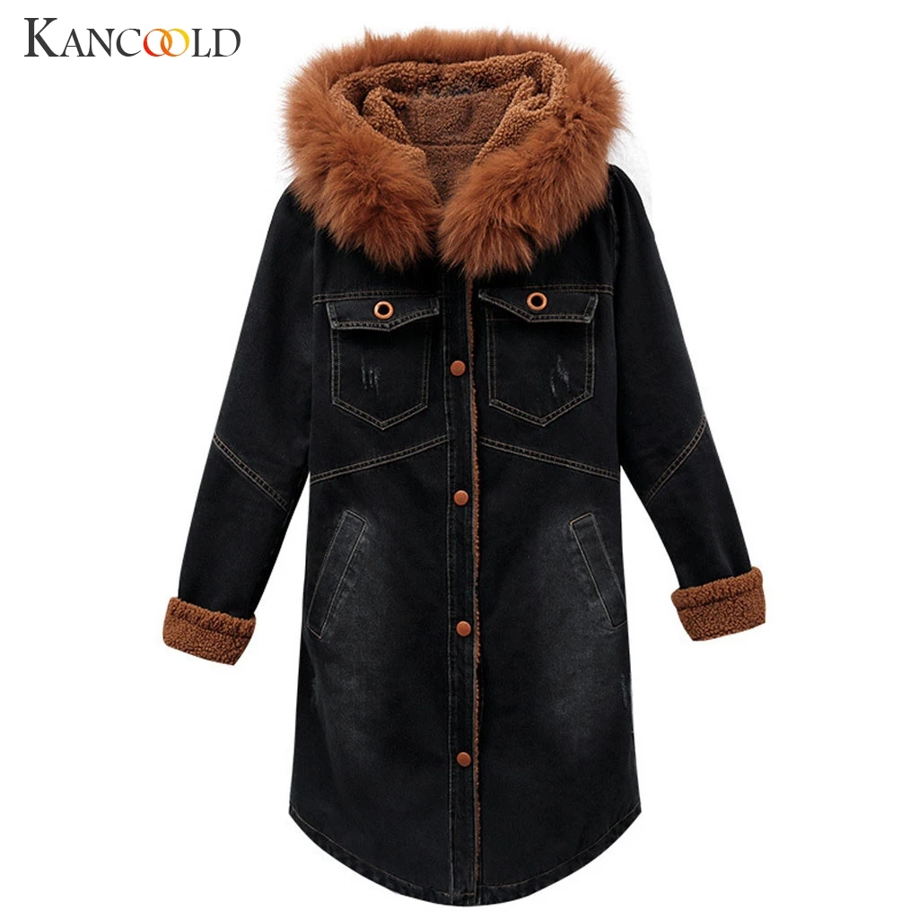 lower price  KANCOOLD coats Winter Warm Women Fluffy Denim Jacket Hooded Long Outwear Overcoat Long Sleeve coats