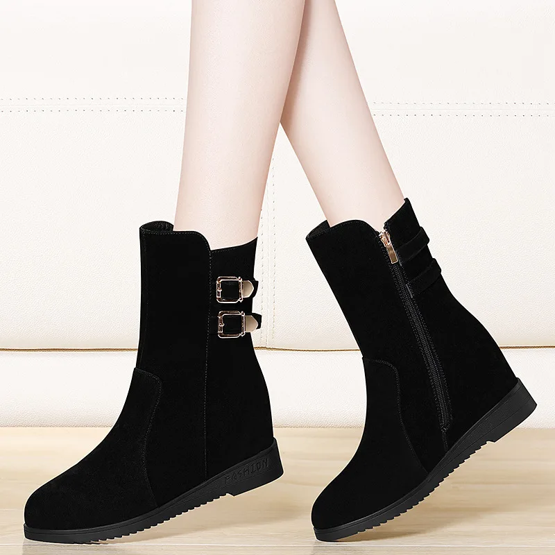 

Gold Lines Rabbit Elevator Nubuck Leather Short Boots Women's 2019 Autumn And Winter New Style Cotton-padded Shoes with Velvet S