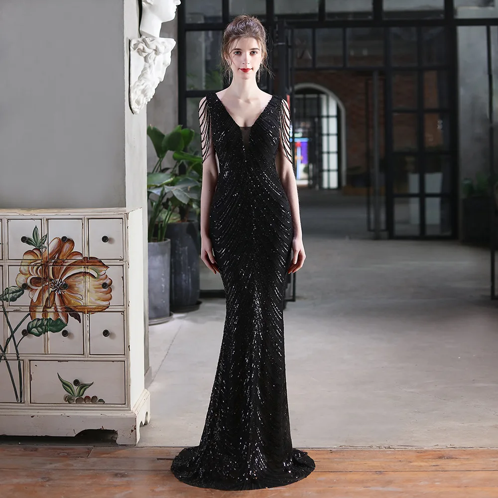 pretty prom dresses 2022 Plus Size Deep V Neck Black Sequin Evening Dress Sexy Party Maxi Dress Women Beading Dress Long Prom Dress long prom dresses