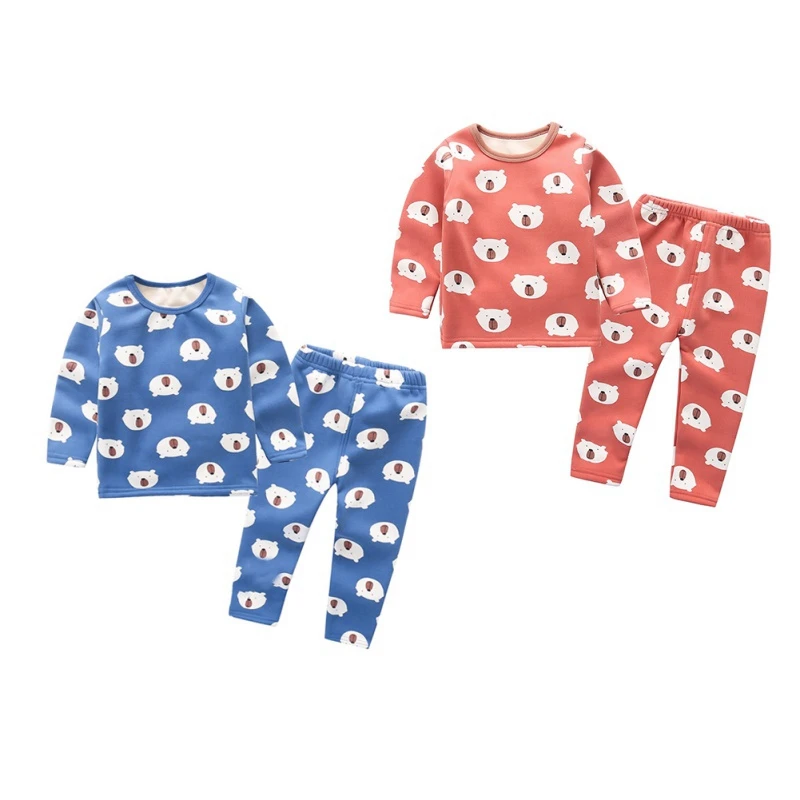 Пижамные комплекты для мальчиков и девочек осенне-зимние повседневные детские бархатные пижамы с длинными рукавами и мультяшным принтом Детский комплект из двух предметов