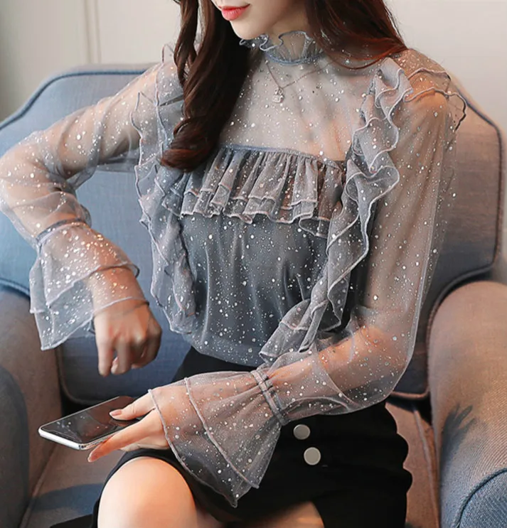  New 2019 Autumn Women Blouses Chiffon Shirt Long Sleeve Lace Chiffon Bright Sexy Fashion Ruffled Bo
