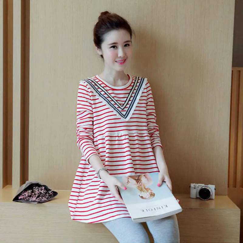 Maternity Clothes Autumn Tops New Style Korean-style Loose And Plus-sized Fashion Stripes Long Sleeve Pregnant Women Dress