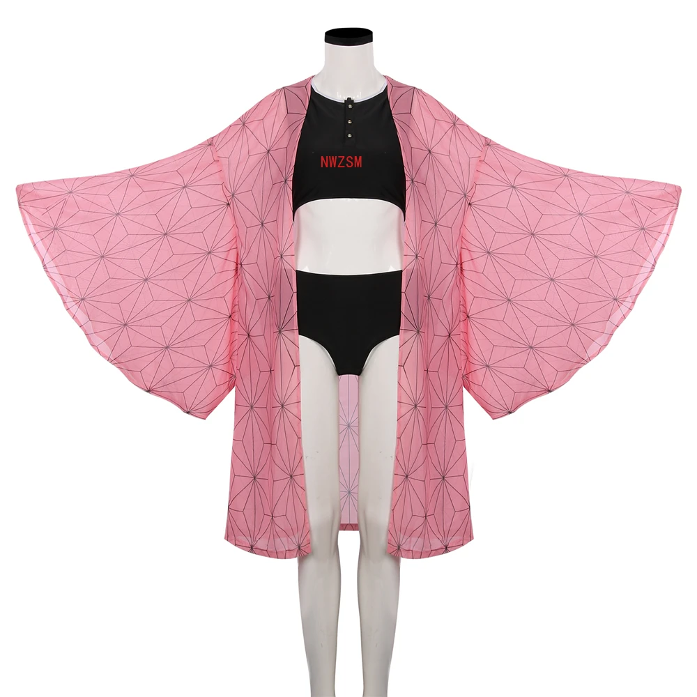 

Demon Slayer Kamado Nezuko Swimming Suit with Chiffon Haori Black Kisatsutai Kimetsu no Yaiba Nezuko Swimsuit Cosplay Outfits