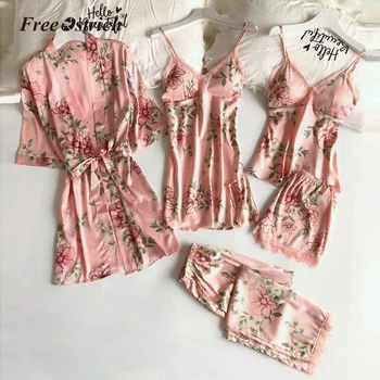 

Free Ostrich Sleepwear 5 Pieces Pyjama Set 2020 Women Autumn Sexy Pajamas Sets Sleep Suits Soft Nightwear Gift Home Clothes
