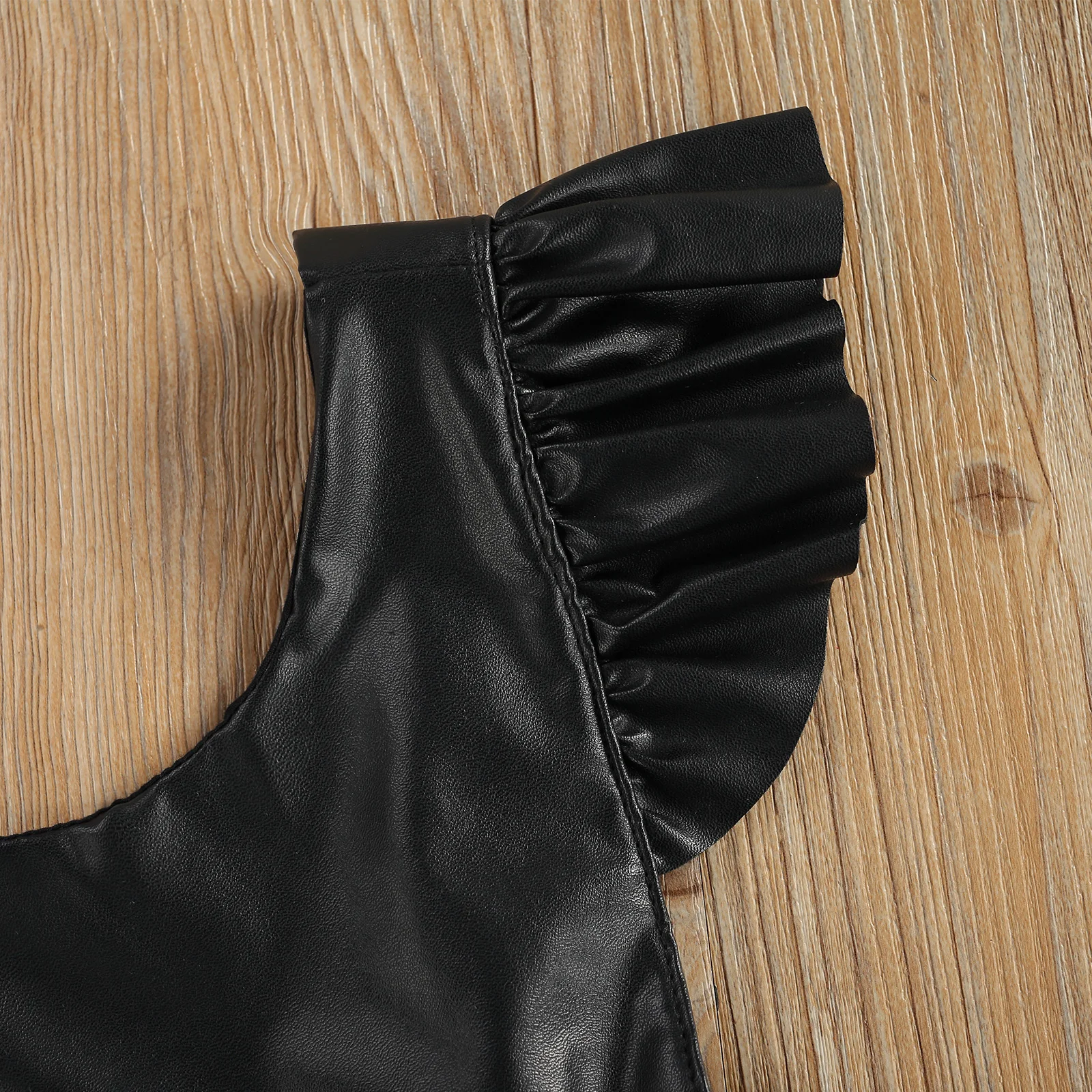 Toddler Baby Girl Black Overall Dress Soft Fabric Faux Leather Ruffle Sleeve Backless Suspender Skirt Comfortable Sweet Casual