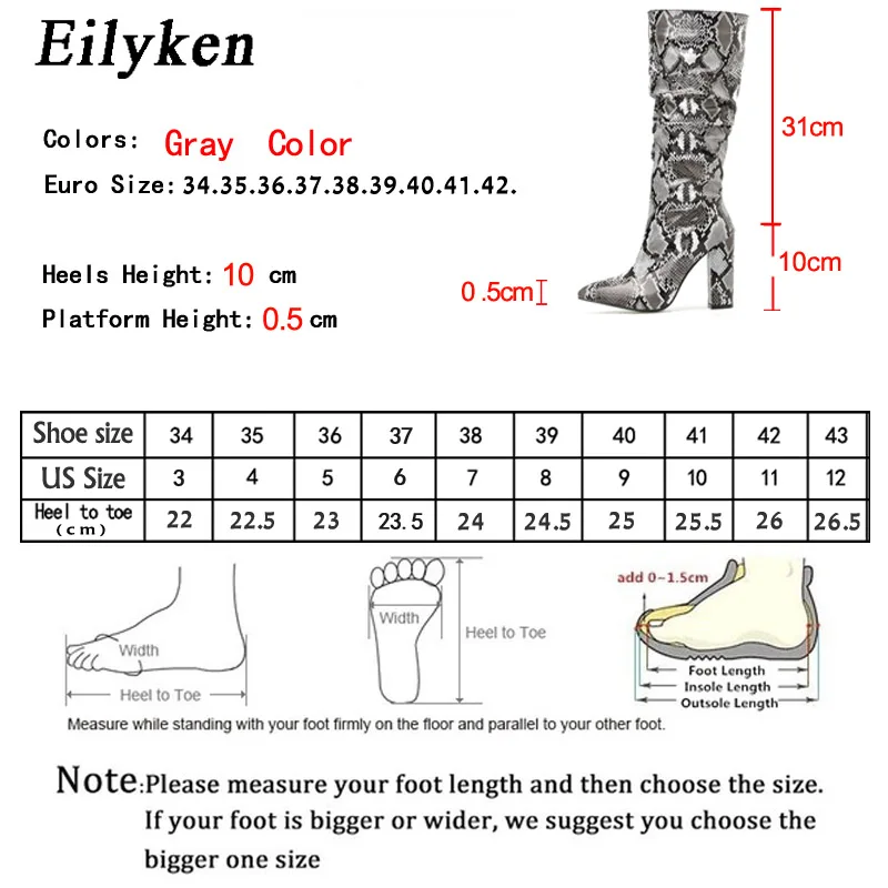 Eilyken/красочная змея; кожаные сапоги; женские сапоги до середины икры на Высоком толстом каблуке; обувь с острым носком на молнии; плиссированные сапоги