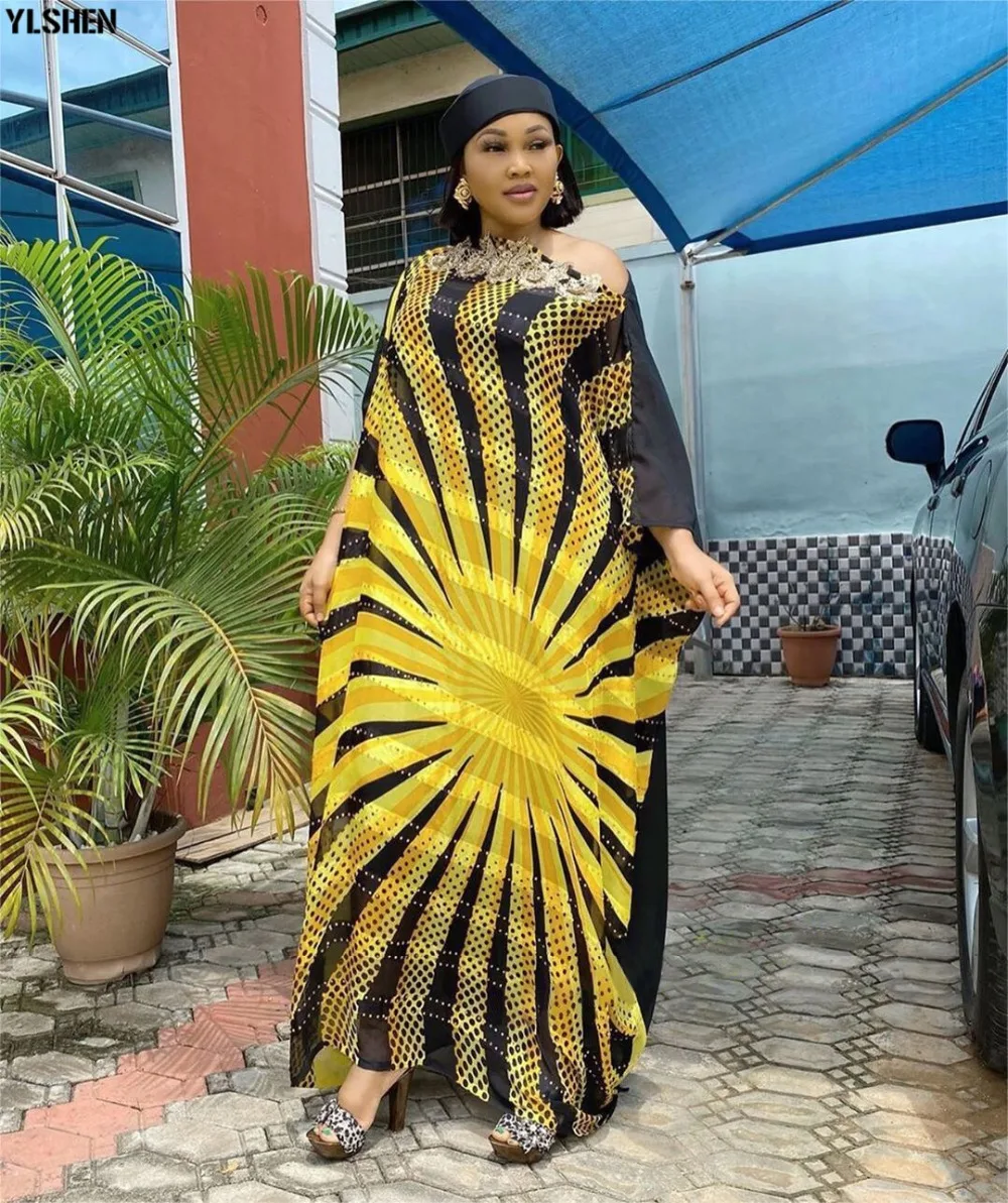 Long Muslim Dress African Dresses for Women Dashiki Stripe Print African Clothes Fashion Diamond Appliques Abaya Africa Clothing 01