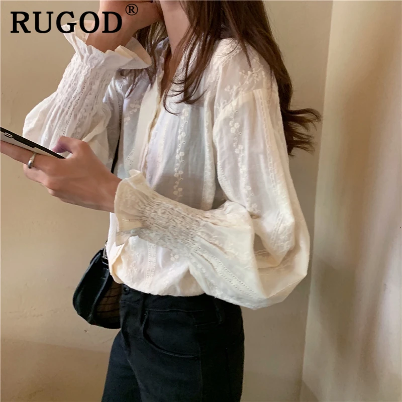 RUGOD, элегантная белая женская блузка с вырезами, Корейская, с оборками, v-образный вырез, рукав-фонарик, милые рубашки, повседневные топы с цветочным принтом
