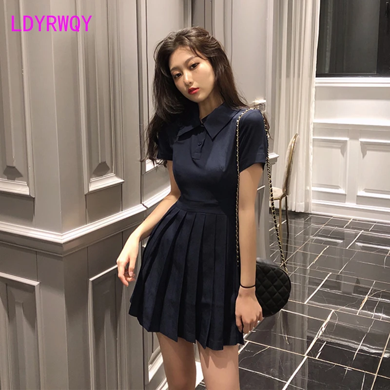 

[LDYRWQY] Temperament slim dress female spring and summer new short-sleeved waist long Office Lady Turn-down Collar