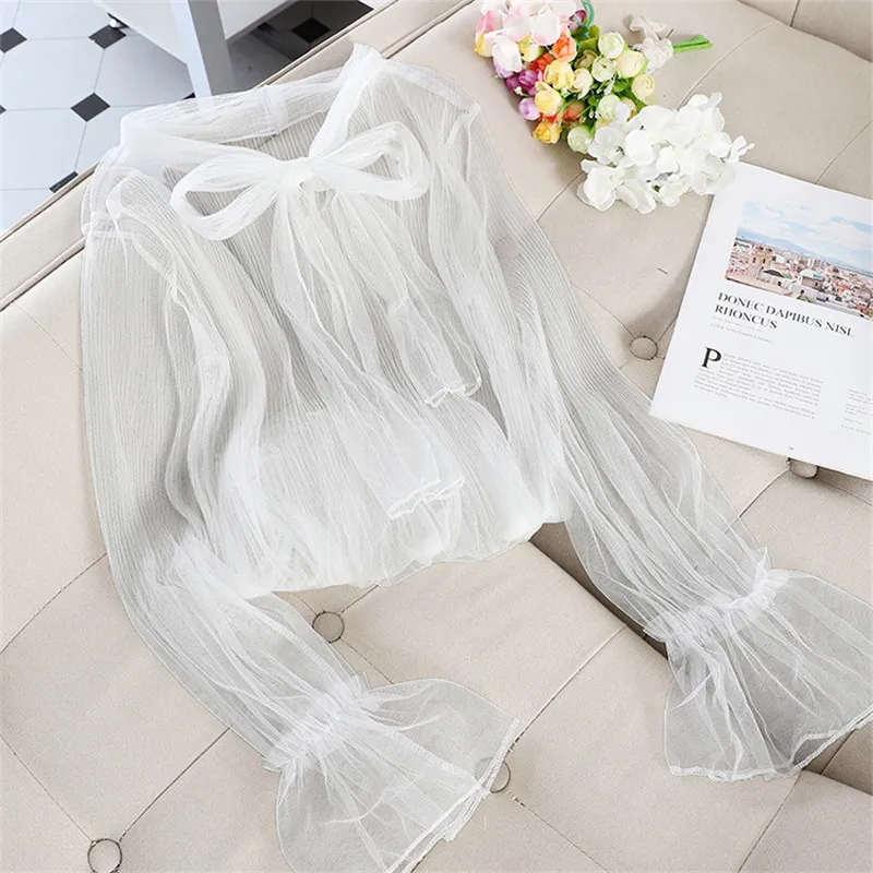2020 New Spring Summer Women Mesh Blouse Solid Casual Tie Bow Lace Shirts Female Long Sleeve Blouses Bottoming Shirt Tops AB1825 4