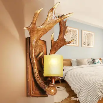 

American Deer Horn Retro Wall Lamp Modern Creative Bedside Lamp Living Room Porch Corridor Bedroom Nordic Deer Head Wall Lamp