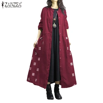 

ZANZEA Maxi Long Shirt Vintage Women Sundress Spring Long Sleeve Vestido Casual Cotton Linen Cardigan Plus Size Printed Blouse