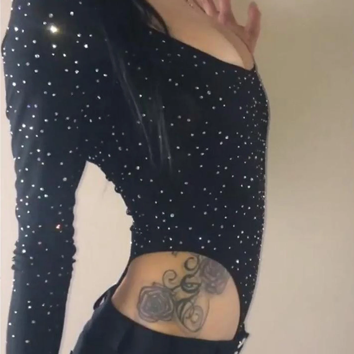 Черный женский Просверленный комбинезон с открытой спиной комбинезон с кристаллами топы сексуальный коcтюм с длинными рукавами
