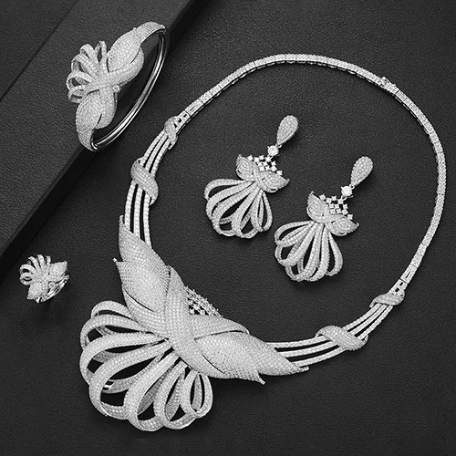 Silver Godki роскошный массивное ожерелье и серьги браслет кольцо наборы для ухода за кожей ювелирные комплекты dubai для Для женщин кубический циркон Свадебный комплект ювелирных изделий - Окраска металла: Silver