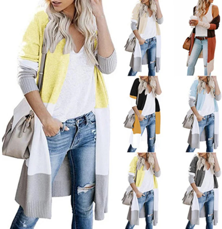 

couture amazon hot style of new fund of 2020 autumn winters is three color stitching long cardigan sweater spot