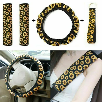 

4pcs/Set Car Steering Wheel Cover Sunflower Print + Seat Belt Pads+ Keychain