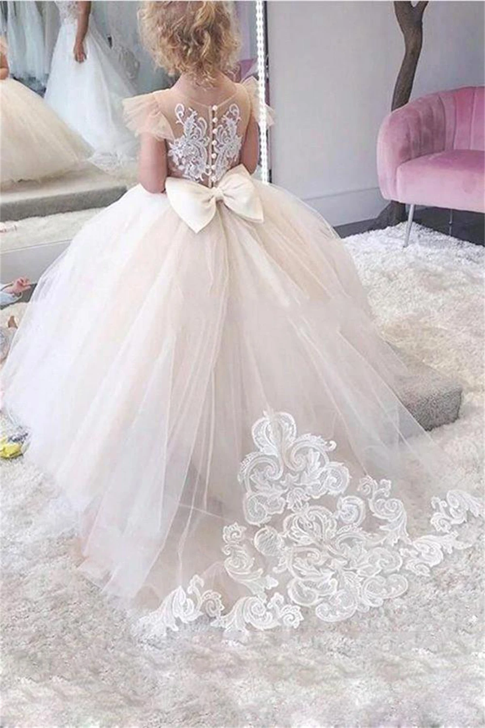 Flower Girl Dresses Wedding Party Dresses Flower Girl Dress Ball Gown Kids Pageant Big Bow Long Sleeves Champagne Child Bride Dresses Vestidos Novia