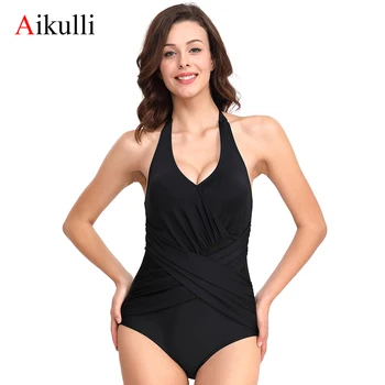 

Aikulli Swimsuit One Piece Women Open Back Cross Belly Swimwear Retro Elegant Solidr Halter High Waist Girl Female Monokini Suit