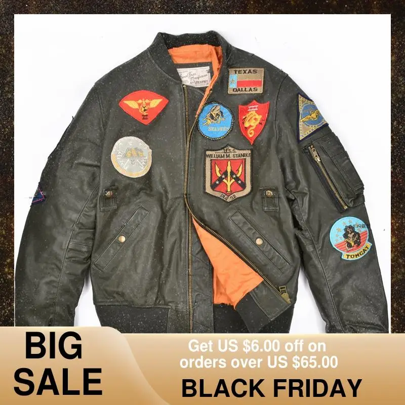 

2020 Green Men Military Style Pilot Leather Jacket Men Plus Size 6XL Genuine Natural Sheepskin Autumn Slim Fit Aviato Coat