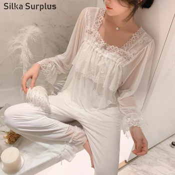 

Silka Surplus Autumn 2019 Women Pajama Set Sexy Lace Sleepwear Pijama Lingerie Pyjamas Home Clothes For Women