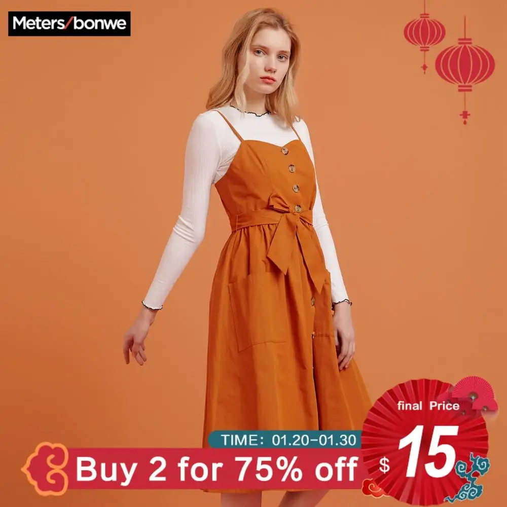  Metersbonwe 2019 Autumn Winter Women Casual Sleeveless Pocket Retro Dress Female Vintage OL Dress L